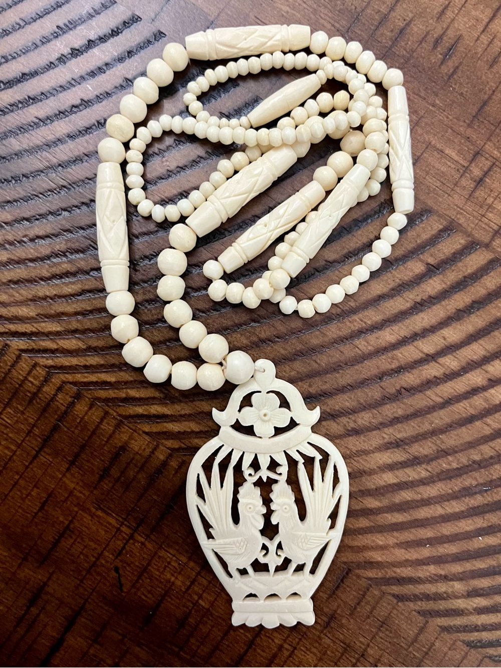 Vintage Hand-carved Faux French Ivory Carved Necklace With Roosters Pendant